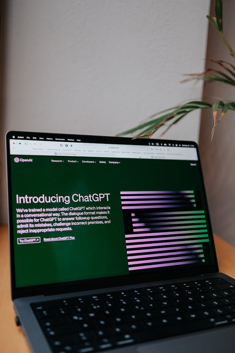 OpenAI ChatGPT introduction on a laptop screen with focus on new AI features.
